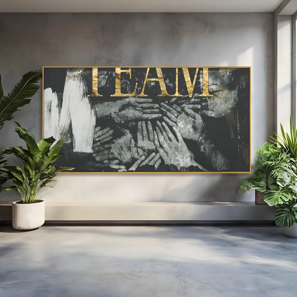 Tablou canvas cu tablou motivational cu maini si text, in rama de aluminiu auriu